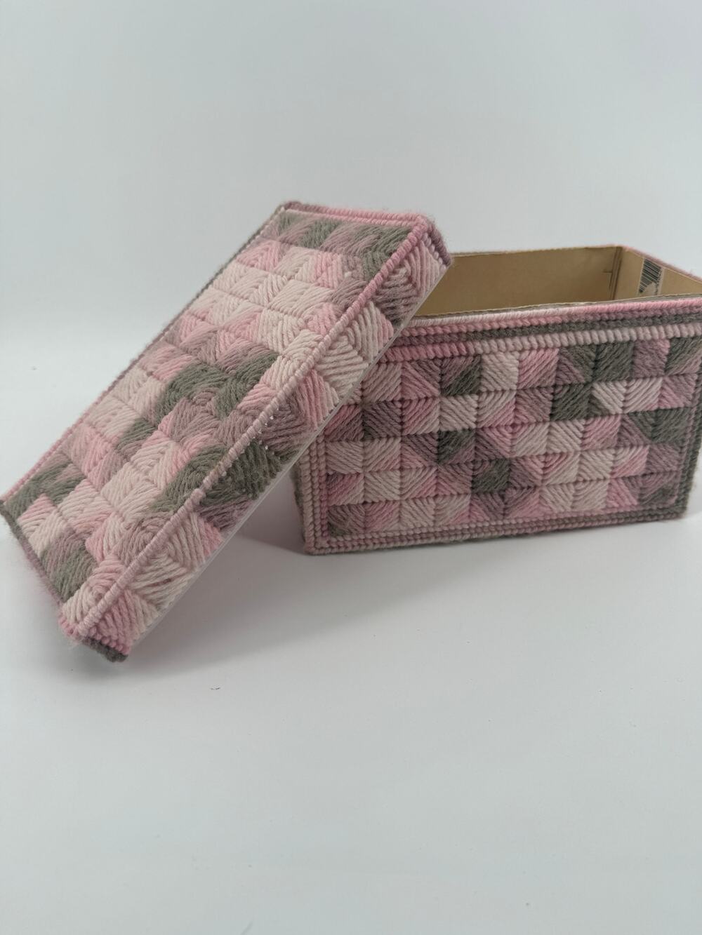 Vintage Handmade Yarn Kleenex Box Cover Pink Gray Plastic Canvas Tissue Holder